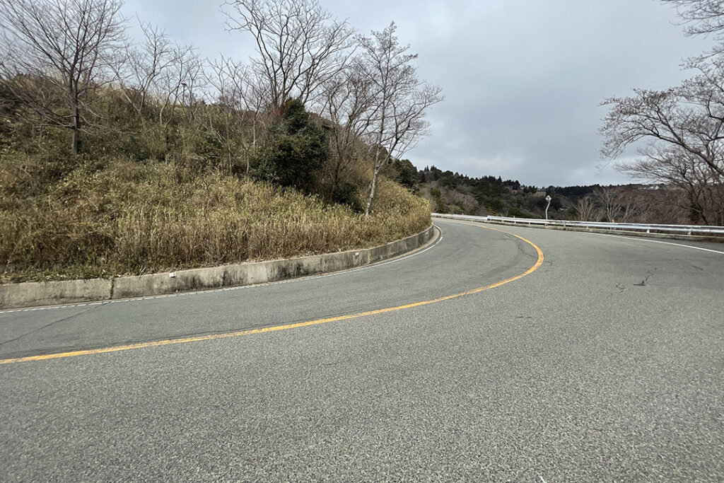 カーブ地点では観光バスなどの大型車両が対向車線まではみ出して走ってくる場合もあるので注意が必要。